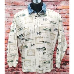 Chaps Ralph Lauren Vintage Outdoors Mens All Over Print Polo DenimCollar